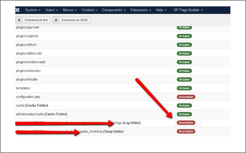 If in Joomla backend Temp and Log folder showing unwritable !